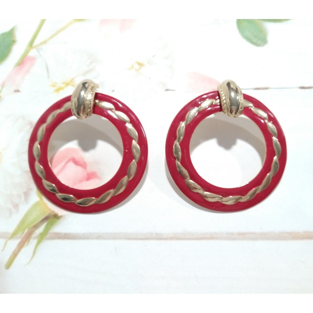 Vintage Hoop Dangle Circle Earrings Red Gold Enamel Swirl Braided 80s Mob EC2